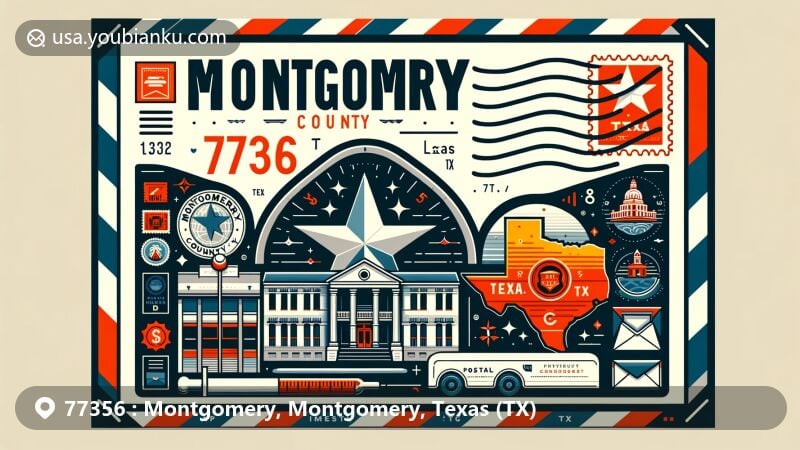 Modern illustration for ZIP code 77356, Montgomery County, Texas (TX), featuring airmail envelope design with prominent '77356' display. Includes Texas silhouette with county location star, Montgomery County Courthouse, postal elements like 'Montgomery, TX' postmark, vintage stamp, and red mailbox. Vibrant, modern style for website use.