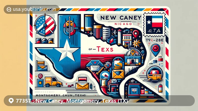 Modern illustration of New Caney, Montgomery County, Texas, featuring postal theme with ZIP code, Texas state flag, Montgomery County map, local landmarks, and postal elements.