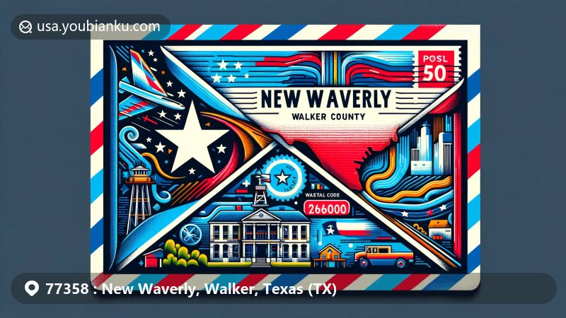 Modern illustration of New Waverly, Walker County, Texas, showcasing the state flag, local landmarks, and ZIP code, with a vibrant air mail theme.