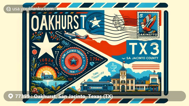 Modern illustration of Oakhurst, San Jacinto County, Texas, featuring vintage airmail envelope with Texas state flag stamp, San Jacinto County outline, and local landmark, showcasing 'Oakhurst, TX' and ZIP code in postal theme.