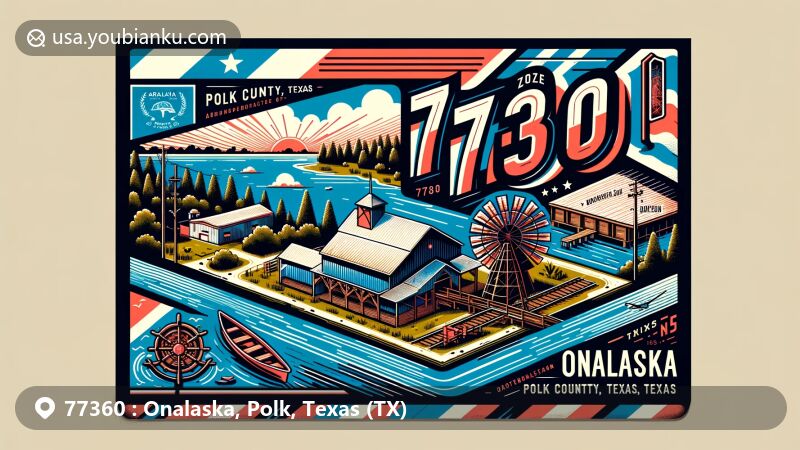 Modern illustration of Onalaska, Polk County, Texas, showcasing postal theme with ZIP code 77360, featuring Lake Livingston, historic sawmill, Texas state flag, and local agriculture symbols.