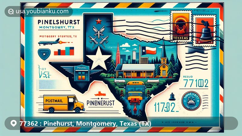 Modern illustration of Pinehurst, Montgomery, Texas, showcasing postal theme with ZIP code 77362, featuring Montgomery County shape, Texas state flag, postal elements, and mail-related imagery.