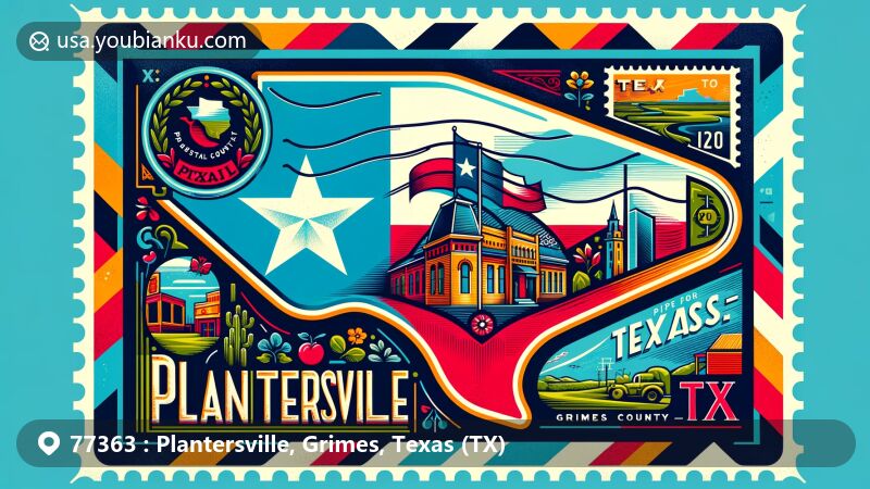 Modern illustration of Plantersville, Grimes County, Texas, resembling an airmail envelope with ZIP code for Plantersville, TX, showcasing Texas state flag and landmarks.