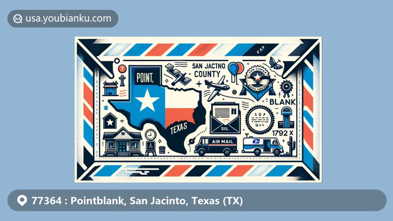 Modern illustration of Pointblank, San Jacinto County, Texas, resembling air mail envelope with Texas state flag and postal elements, in 1792x1024 format.