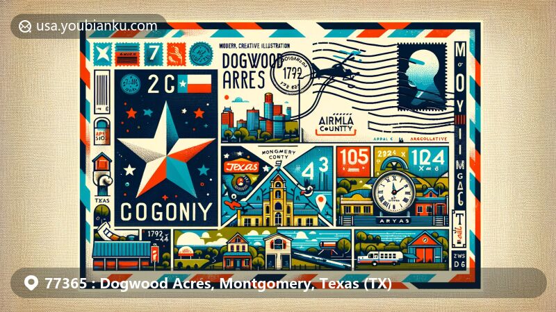 Contemporary illustration of Dogwood Acres, Montgomery County, Texas, with stylish postcard design and ZIP code elements, showcasing Texas state flag and local landmarks.