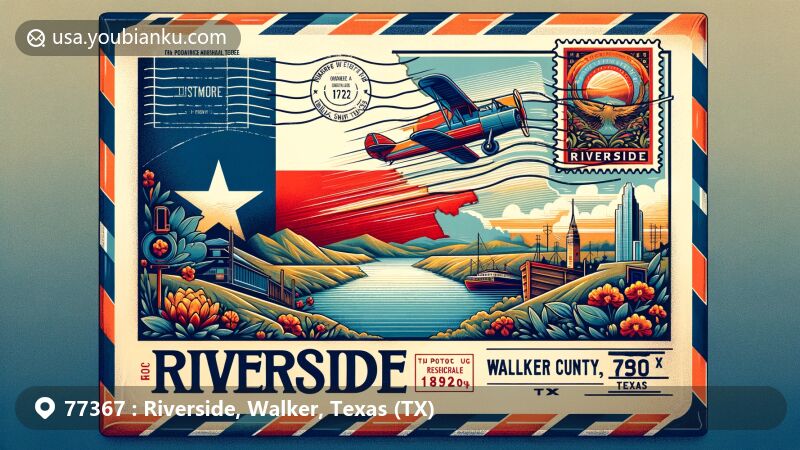 Modern illustration of Riverside, Walker County, Texas, featuring a stylish airmail envelope with the Texas state flag and Walker County shape, highlighted by a vibrant stamp of a local landmark. Subtle artistic representations of Texas natural landscapes in the background, with clear ZIP Code and postmark for Riverside, Walker, Texas.