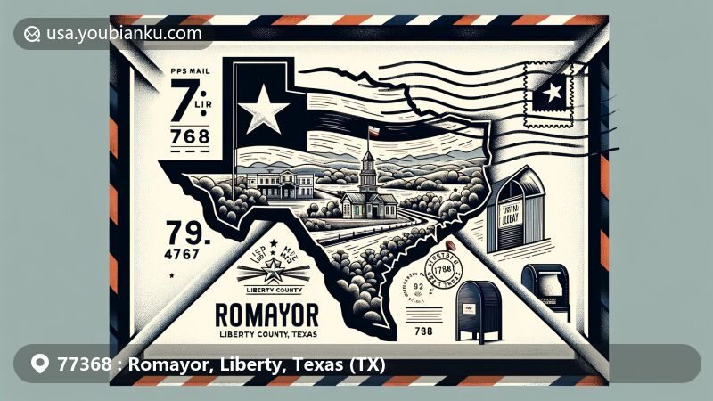Creative illustration of Romayor, Liberty County, Texas, resembling an air mail envelope with the Texas state flag, map outline of Liberty County, and postal elements like vintage stamp and mailbox.