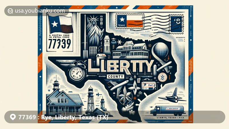 Modern illustration of Rye, Liberty County, Texas, featuring map outline, Texas state flag, and cultural symbols, accompanied by vintage postage elements and '77369' postmark.