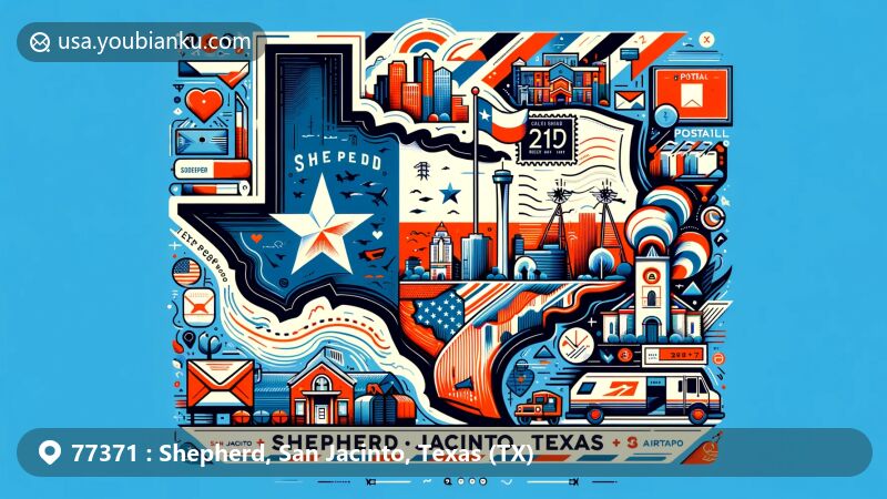 Modern illustration of Shepherd, San Jacinto, Texas, highlighting Texas state flag, San Jacinto County map, local landmarks, and postal elements with ZIP code details.