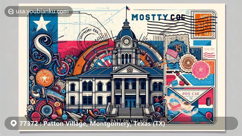 Modern illustration of Patton Village, Montgomery County, Texas, featuring Montgomery County Courthouse and Texas state flag, with a vintage postal theme including ZIP code for Patton Village.