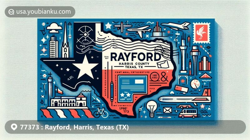 Modern illustration of Rayford, Harris County, Texas, showcasing postal theme with ZIP code 77373, featuring Texas state flag, Harris County map, and local landmarks.