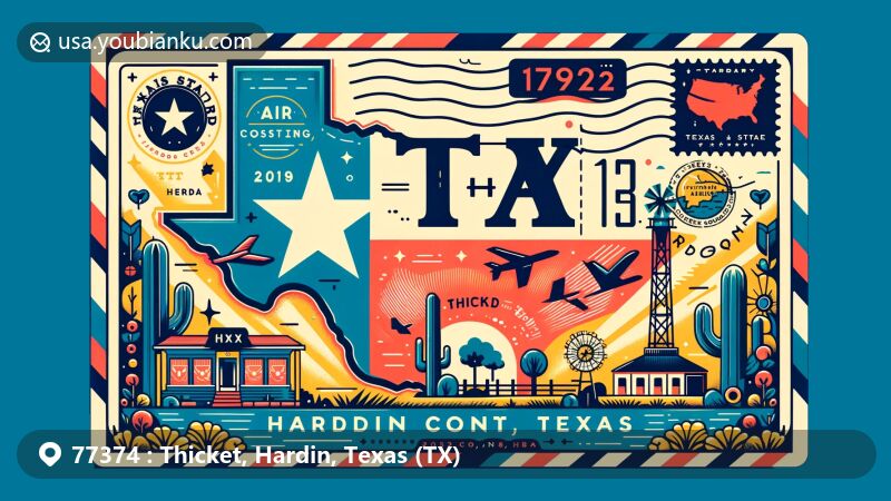 Modern illustration of Thicket, Hardin County, Texas, featuring unique postal theme with Texas state flag, Hardin County outline, postcard stamp, postmark, and ZIP Code, along with iconic local landmark or cultural symbol.