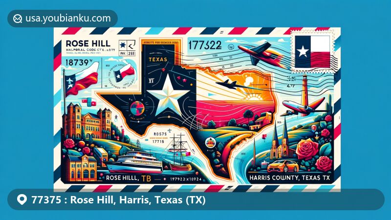 Modern illustration of Rose Hill, Harris County, Texas, showcasing postal theme with ZIP code 77375, featuring Texas state flag, Harris County map outline, and cultural landmarks.