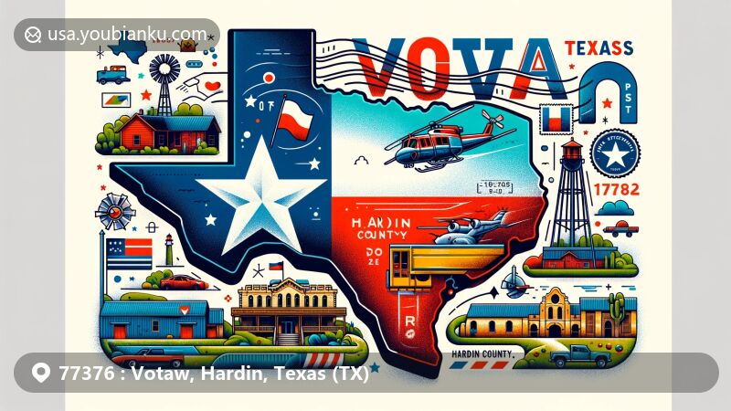 Modern illustration of Votaw, Hardin County, Texas, designed in postcard style with state flag, county outline, and local landmarks. Features postal elements like stamps, postmark, and ZIP Code in vibrant design.