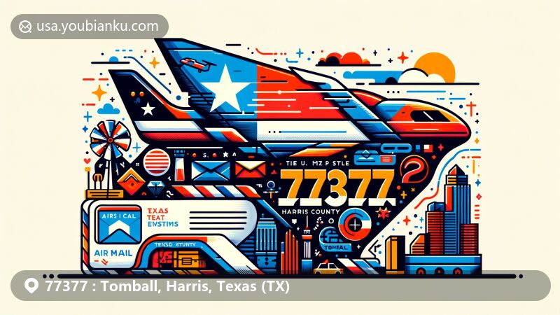 Creative depiction of Tomball, Harris County, Texas, with air mail envelope showcasing ZIP code 77377, Texas state symbols, and local landmarks.