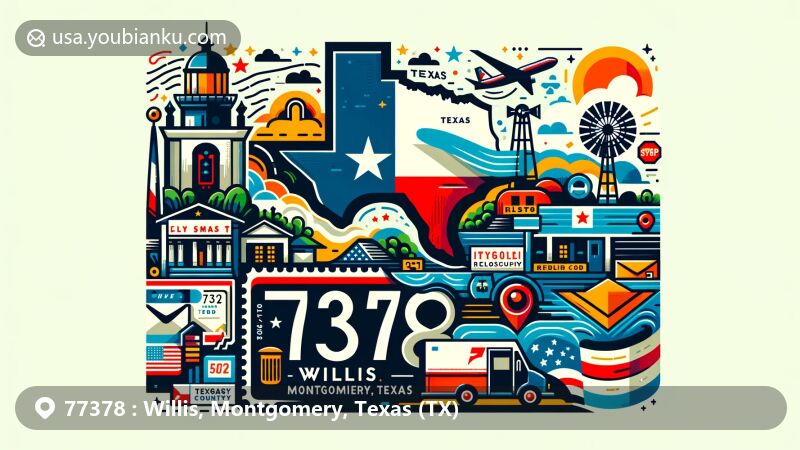 Modern illustration of Willis, Montgomery County, Texas, inspired by postal theme with ZIP code 77378, showcasing Texas state flag, Montgomery County's map silhouette, and a local landmark or cultural symbol.