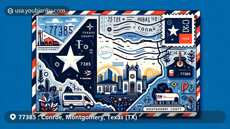 Modern illustration of Conroe, Montgomery County, Texas, showcasing postal theme with ZIP code 77385, featuring Texas state flag, Montgomery County outline, Conroe landmarks, and postal elements.