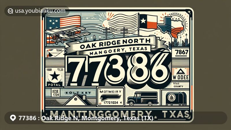Modern illustration of Oak Ridge North, Montgomery County, Texas, inspired by U.S. ZIP Code 77386, with Texas state flag, Montgomery County outline, and postal elements, showcasing airmail theme.