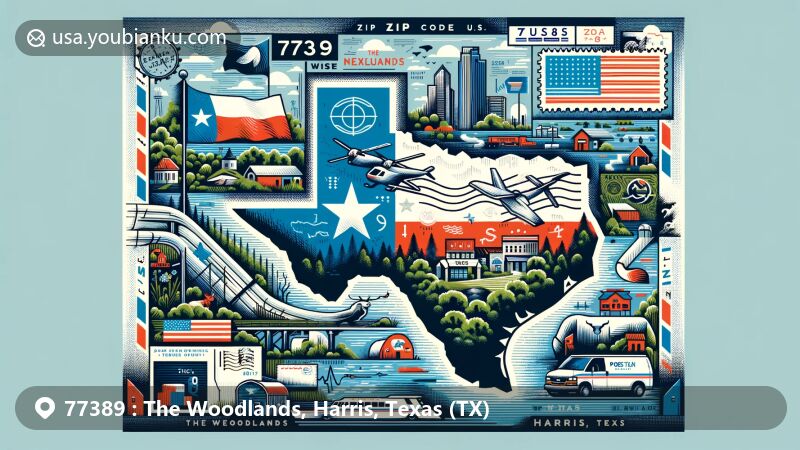 Creative illustration of The Woodlands, Harris County, Texas, representing ZIP code 77389 with state flag, Harris County map, local landmarks, and postal symbols.