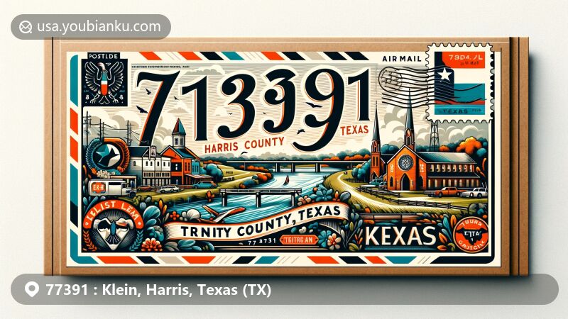 Modern illustration of Klein, Harris County, Texas, showcasing postal theme with ZIP code 77391, featuring symbols of German heritage, Trinity Lutheran Church, Cypress Creek, and vintage postage stamp with Texas symbols.
