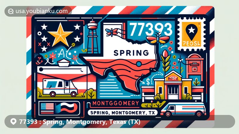 Modern illustration of Spring, Montgomery County, Texas (TX), showcasing postal theme with ZIP code 77393, featuring Texas state flag, Montgomery County outline, and Spring landmark.