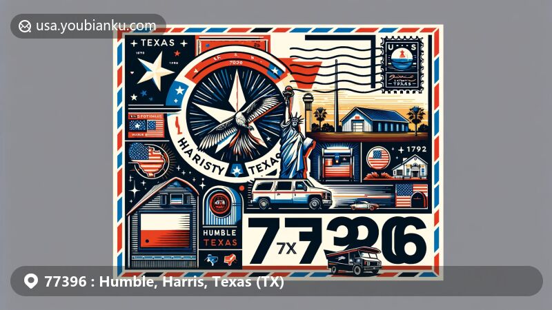 Modern illustration of Humble, Harris County, Texas, featuring postal theme with ZIP code 77396, incorporating Texas state flag, local landmarks, and postal elements.