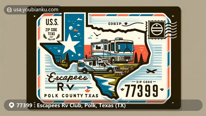 Creative illustration of Escapees RV Club area, ZIP Code 77399, in Polk County, Texas. Features Texas outline, RV, state flag, and Texan natural scenery.