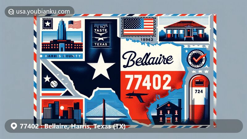 Modern illustration of ZIP code 77402 in Bellaire, Harris County, Texas, showcasing Texas state flag, Harris County silhouette, Bellaire landmark, and postal elements.