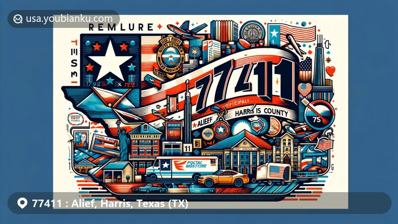 Modern illustration of Alief, Harris County, Texas, featuring vibrant postal theme with ZIP code 77411, Texas state flag, Harris County outline, and Alief cultural symbols.