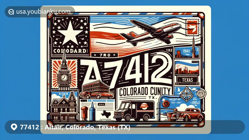 Vintage-style illustration of Altair, Colorado County, Texas, with ZIP code 77412, showcasing iconic symbols like Texas state flag, Colorado County outline, and local landmark. Includes postal elements like stamp, postmark, mailbox, and mail truck.