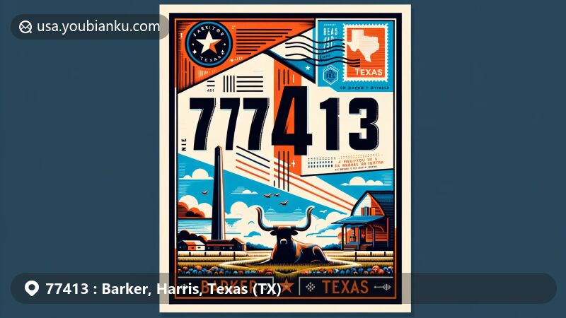 Modern illustration of Barker, Harris County, Texas, with ZIP code 77413, featuring LH7 Ranch, San Jacinto Monument, and rural landscape elements.