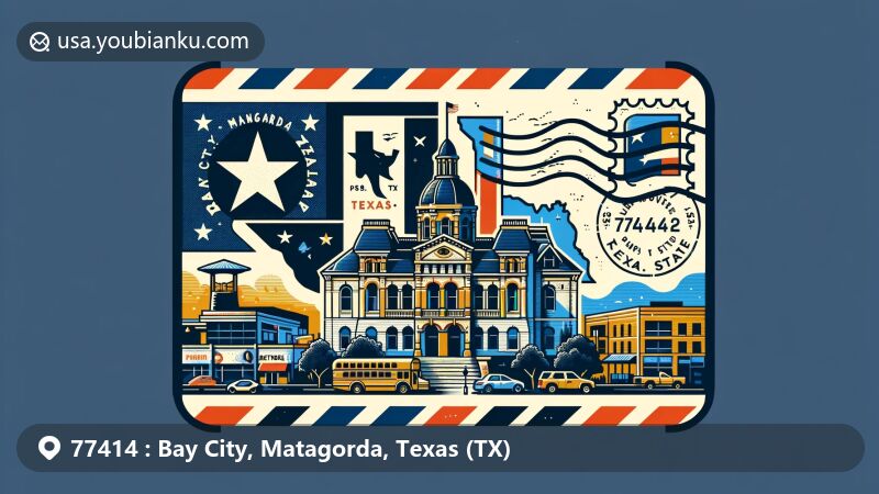 Modern illustration of Bay City, Matagorda, Texas, highlighting postal theme with ZIP code 77414, featuring iconic landmarks, the outline of Matagorda County, and elements from the state of Texas.