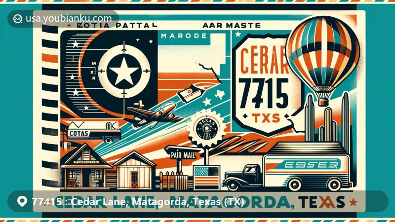 Modern illustration of Cedar Lane, Matagorda, Texas, showcasing postal theme with ZIP code 77415, featuring Texas state flag, Matagorda County, and local landmarks.