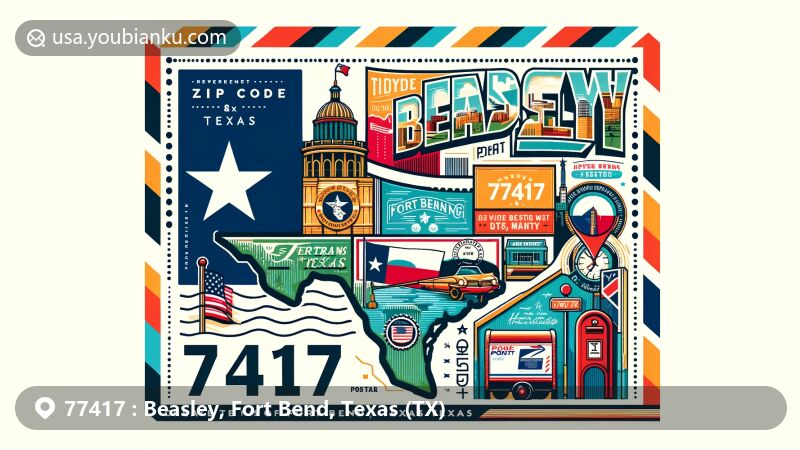 Modern illustration of Beasley, Fort Bend County, Texas, showcasing postal theme with ZIP code 77417, featuring Texas state flag, Fort Bend County map, and local landmark.