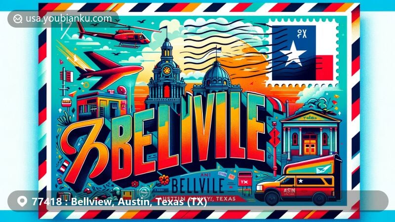 Modern illustration of Bellville, Austin County, Texas, with vibrant postal theme showcasing ZIP code 77418, featuring local landmarks, Texas state flag, and postal elements.