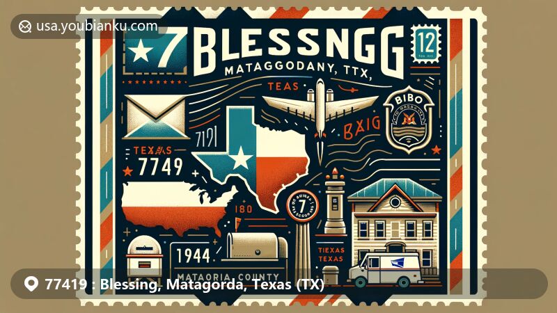 Modern illustration of Blessing, Matagorda County, Texas, highlighting postal theme with ZIP code 77419, featuring postcard and airmail elements, Texas state flag, Matagorda County outline, and local cultural symbols.
