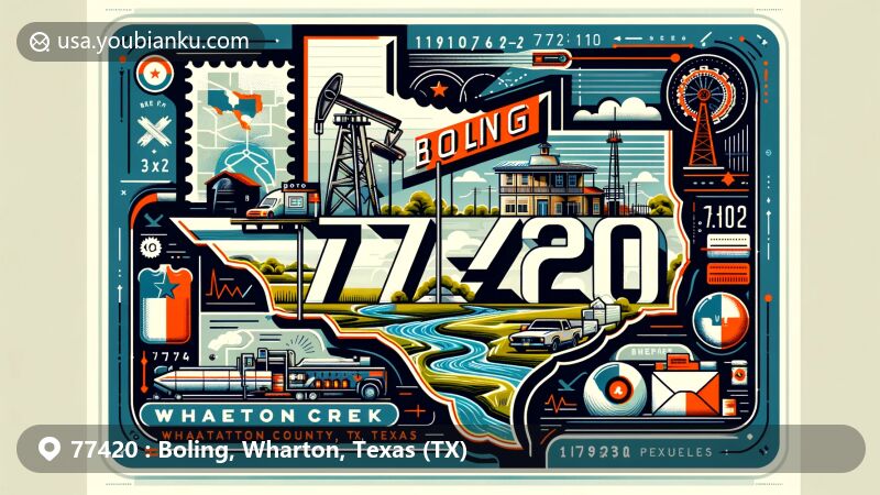Modern illustration of Boling, Wharton County, Texas, highlighting postal theme with ZIP code 77420, featuring local landmarks like Caney Creek, oil pump jack, and Wharton County outline.