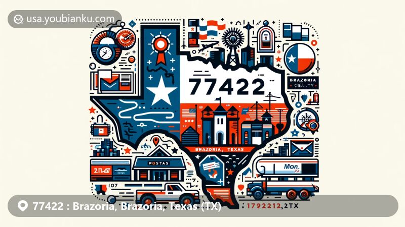 Modern illustration of Brazoria, Texas, featuring ZIP code 77422, blending local and postal elements like the Texas state flag, Brazoria County outline, city symbols, postcard shape, stamps, postmark, and mailbox.