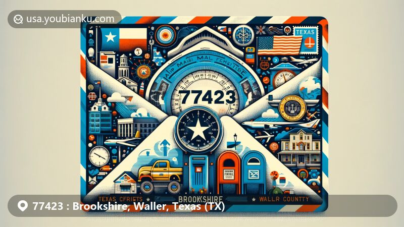 Modern illustration of Brookshire, Waller County, Texas, showcasing postal theme with ZIP code 77423, featuring local landmarks and symbols inside a creative air mail envelope.