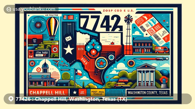 Modern illustration of Chappell Hill, Washington County, Texas, showcasing postal theme with ZIP code 77426, featuring Texas state flag, Washington County shape, and Chappell Hill landmark.