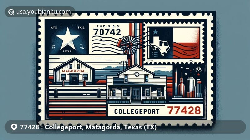 Modern illustration of Collegeport, Matagorda County, Texas, with postal theme showcasing ZIP code 77428, including Texas state flag, Matagorda County outline, and local landmarks.