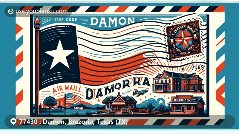 Modern illustration of Damon, Brazoria County, Texas, resembling an air mail envelope with Texas state flag, Brazoria County outline, and postal elements. Captures the essence of ZIP code 77430 with local scenic representation.