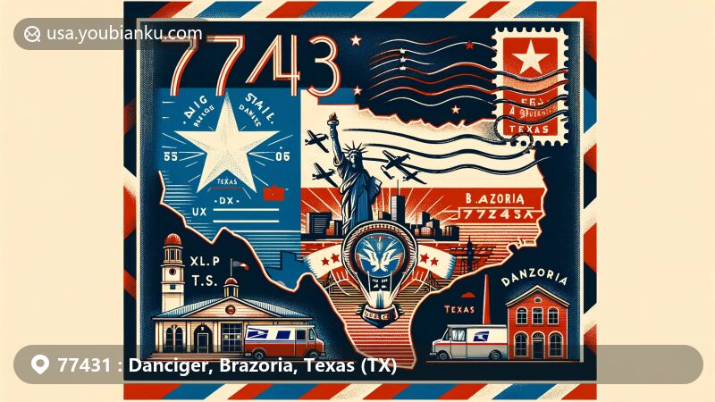 Modern illustration of Danciger, Brazoria, Texas (TX), showcasing postal theme with ZIP code 77431, featuring Texas state flag and Brazoria County silhouette.