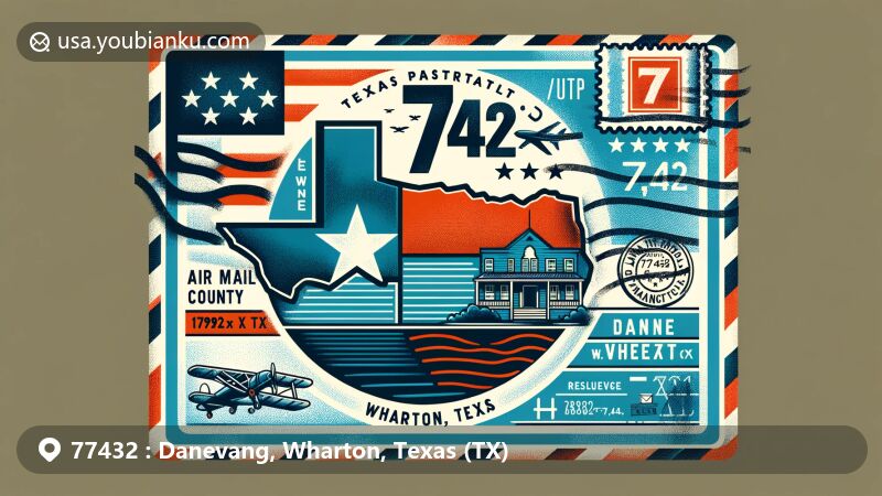 Modern illustration of Danevang, Wharton, Texas, showcasing postal theme with ZIP code 77432, featuring Texas state flag, Wharton County outline, and local landmark.