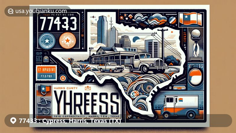 Modern illustration of Cypress, Harris County, Texas, highlighting ZIP code 77433, showcasing Texas state outline and iconic Harris County landmarks, blending cultural symbols and postal elements.