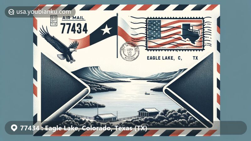 Modern illustration of Eagle Lake, Colorado County, Texas, showcasing postal theme with ZIP code 77434, featuring the stunning lake scenery and Texas state flag.