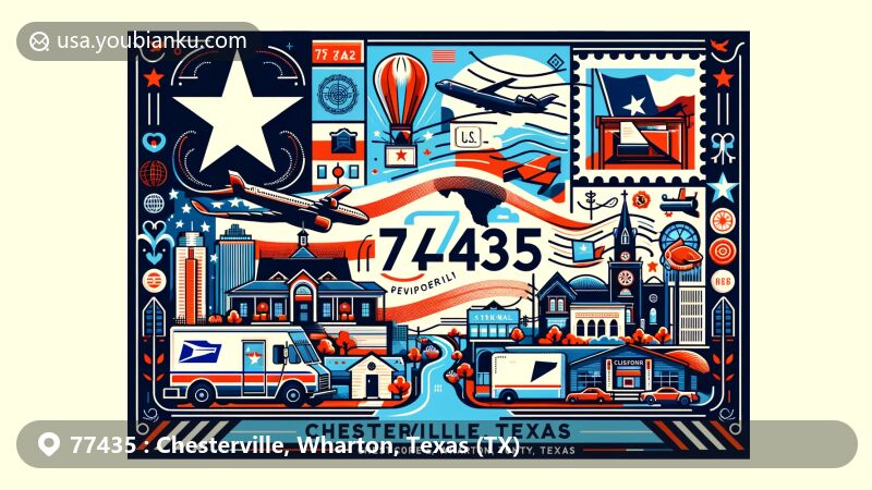 Contemporary illustration of Chesterville, Wharton, Texas (TX), ZIP code 77435, featuring Texas state flag, landmarks, and postal elements in a wide format resembling an airmail envelope.
