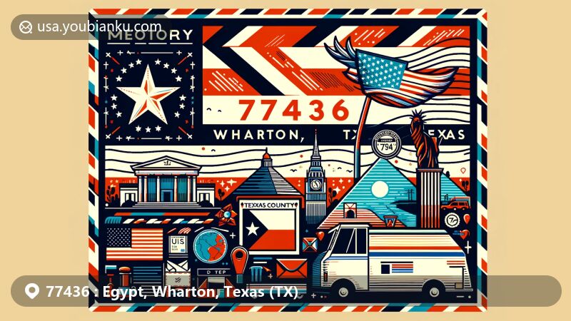 Modern illustration of Egypt, Wharton, Texas, showcasing postal theme with ZIP code 77436, featuring Texas state flag and Wharton County map.