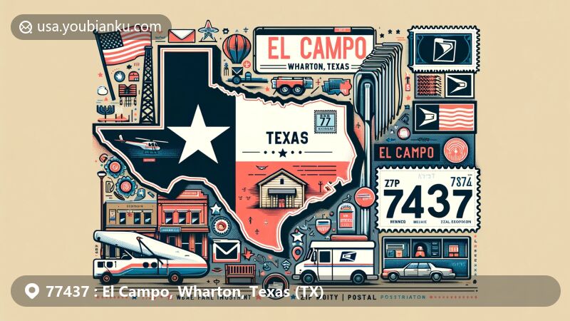 Modern illustration of El Campo, Wharton, Texas, with ZIP code 77437, merging Texas state flag, Wharton County map, El Campo landmark, and postal elements like postcard, envelope, stamps, postmarks, mailbox, postal vehicle.