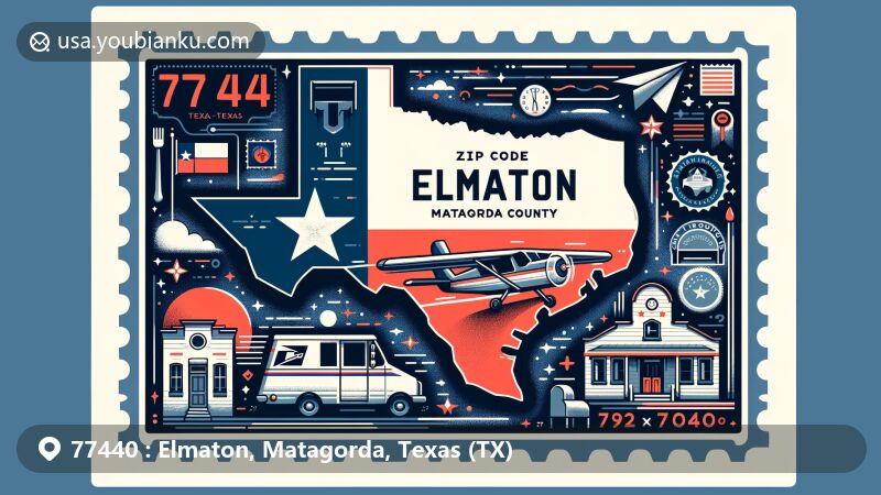 Modern illustration of Elmaton, Matagorda, Texas, showcasing postal theme with ZIP code 77440, featuring Texas state flag, Matagorda County outline, notable landmarks, and postal elements.